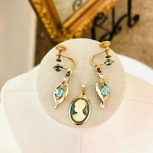 Vintage Cameo Pendant & Antique Rhinestone Earrings